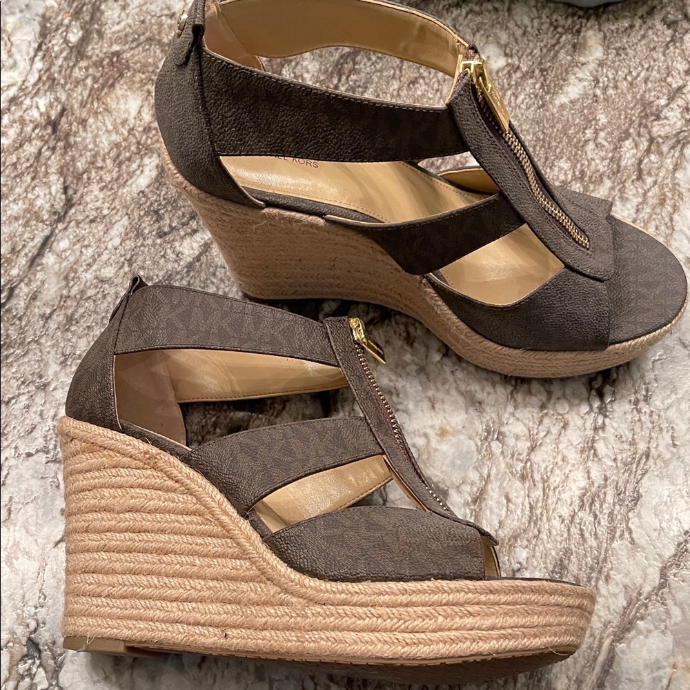 Michael Kors Brown Logo Espadrille Wedge Sandals with Front Zip